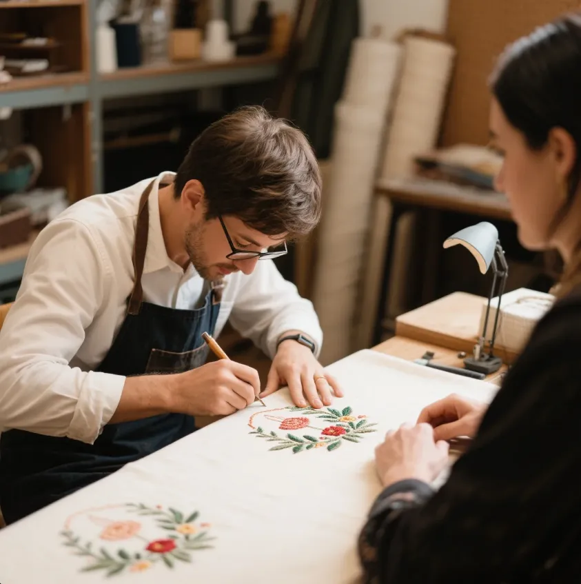 Artisan working on custom embroidery design with client consultation