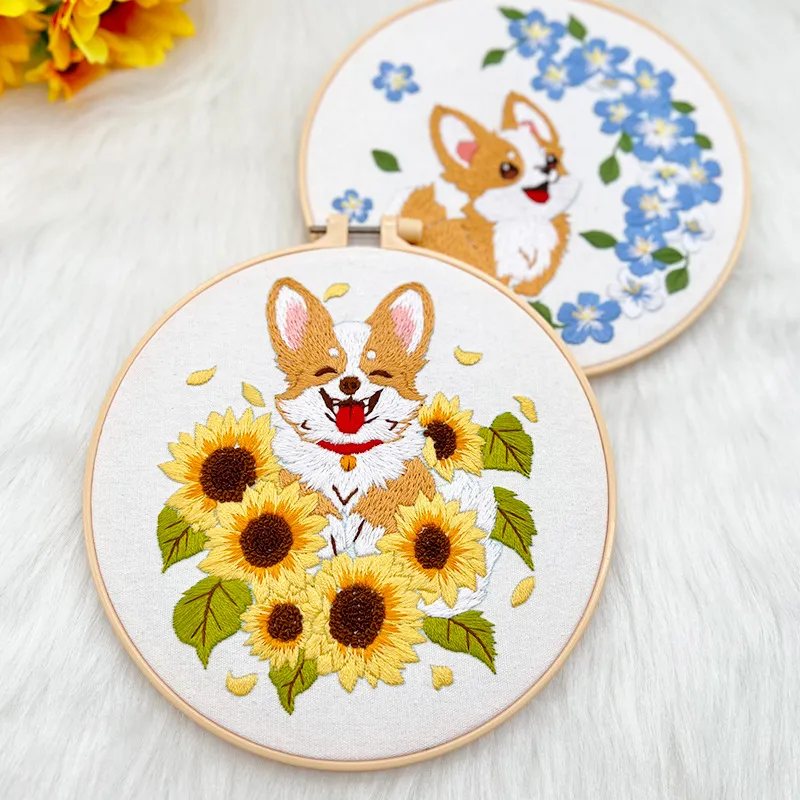 Beginner embroidery kit with cute corgis in sunflower and floral designs
