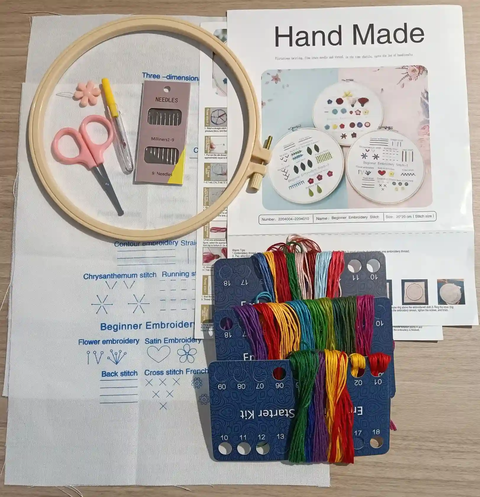 Beginner embroidery kit with hoop, threads, needles and patterns