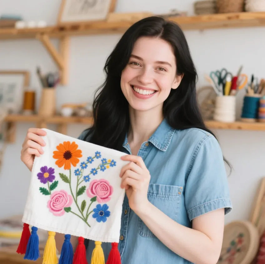 Woman smiling and showing floral embroidery work