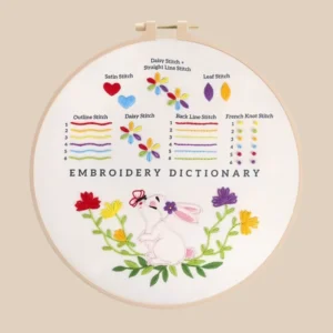 Bunny Garden Embroidery Dictionary Kit – Learn 8 Beginner Stitches with Whimsical Rabbit & Floral Design | Handmade Sampler