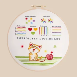 Smiling Kitten Embroidery Dictionary Kit – Learn 7 Basic Stitches with Playful Cat & Yarn Design | Handmade Beginner Sampler