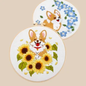 Pet embroidery of a smiling corgi surrounded by sunflowers and floral designs, perfect for handmade gifts and dog lovers
