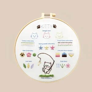 Cat embroidery sampler featuring a cute fishing cat surrounded by labeled stitching techniques, ideal for beginners and creative craft enthusiasts.