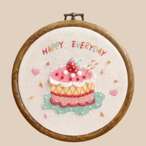 Handmade gifts strawberry cake embroidery in wooden hoop with Happy Everyday text