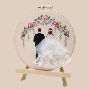 Hand-stitched bride and groom hoop art, ideal wedding present gift for newlyweds
