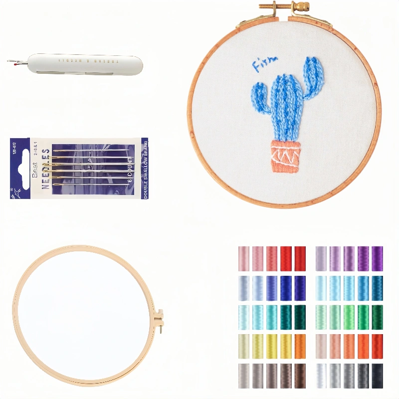 blue cactus embroidery kit diy plant pattern for beginners