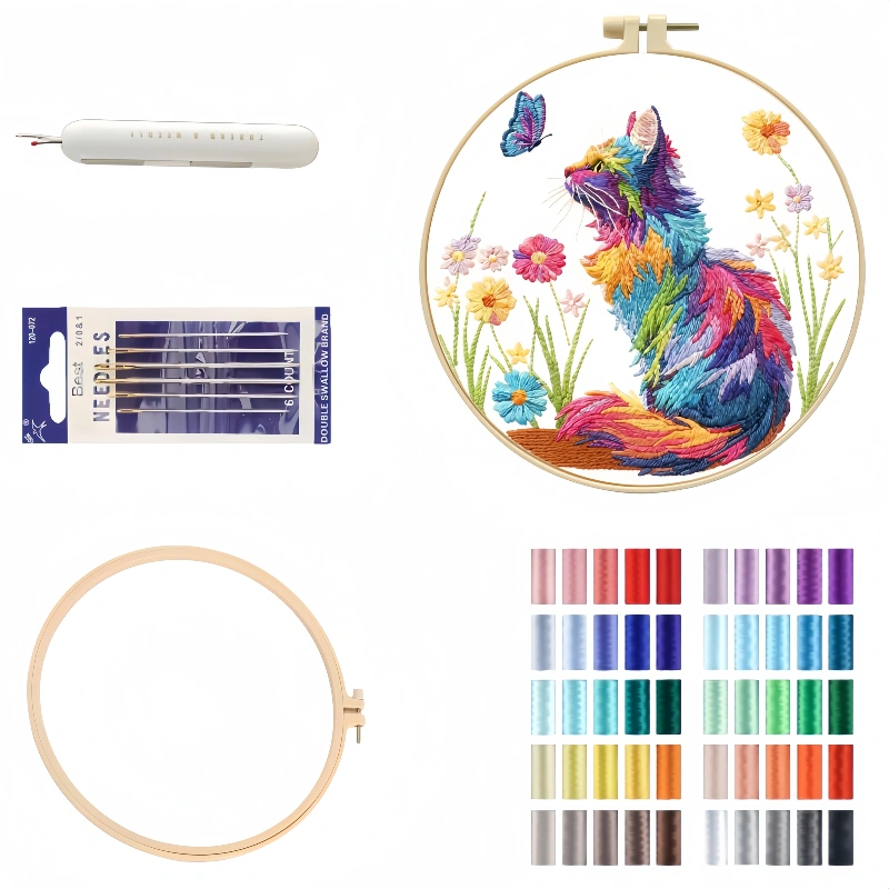 colorful cat embroidery kit diy animal pattern for beginners