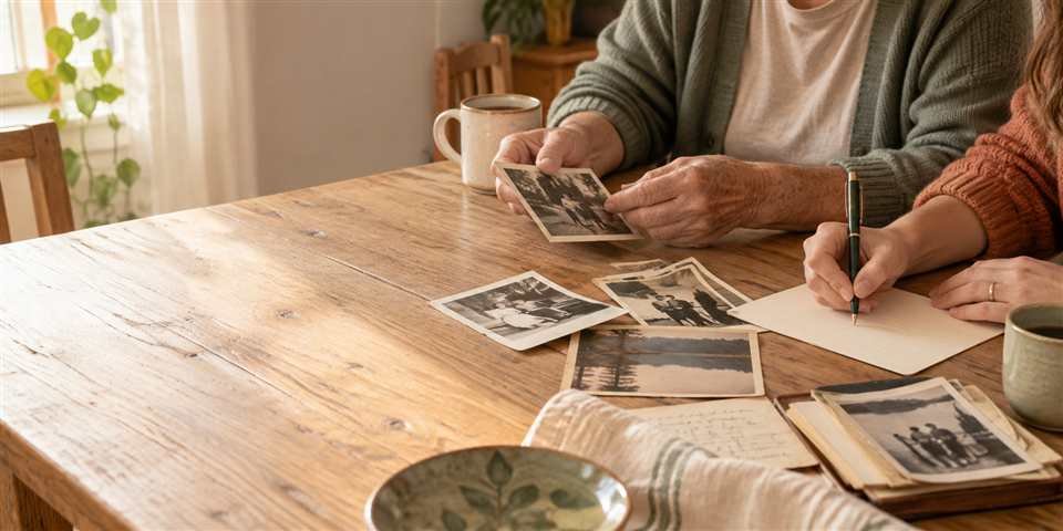 Family Legacy Box — New Home Two generations sorting family photographs and writing down a memory together.